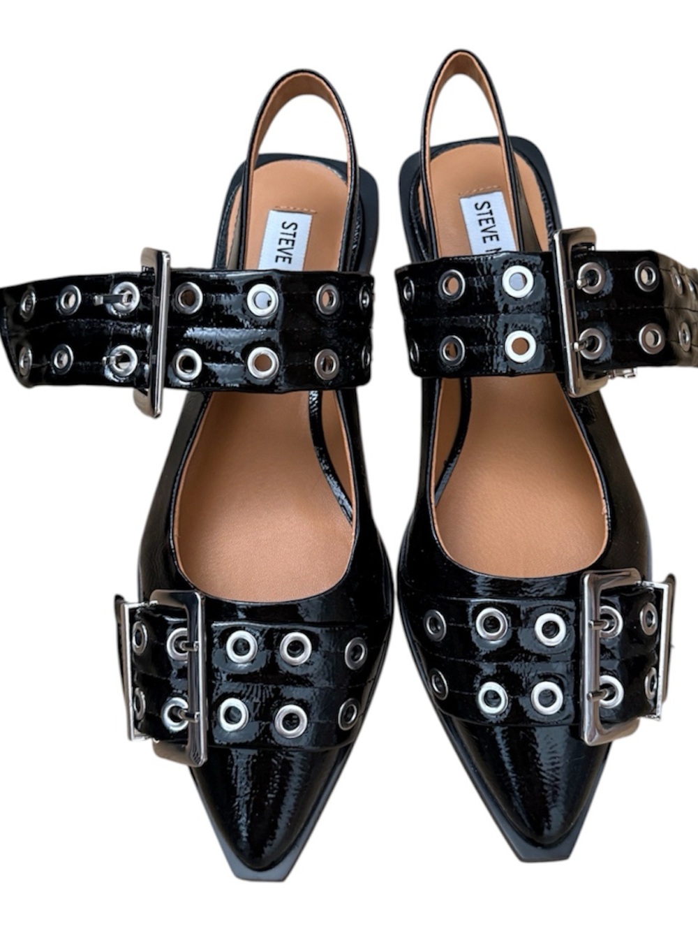 Steve Madden Black Patent Pointed Toe Buckle Slingback Flats with Grommet Straps